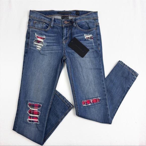 NWT Nordstrom Black Label Distress Red/Black Buffalo Plaid Patch Skinny Jean 27 - Picture 2 of 16